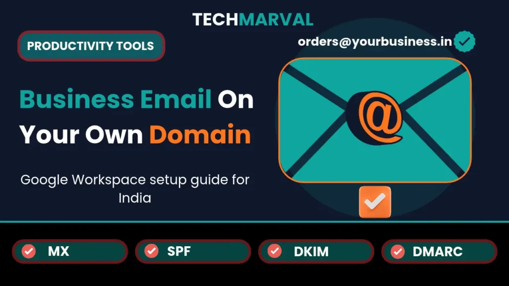 Envelope with at sign and verified email address illustrating business email on your own domain with MX, SPF, DKIM and DMARC