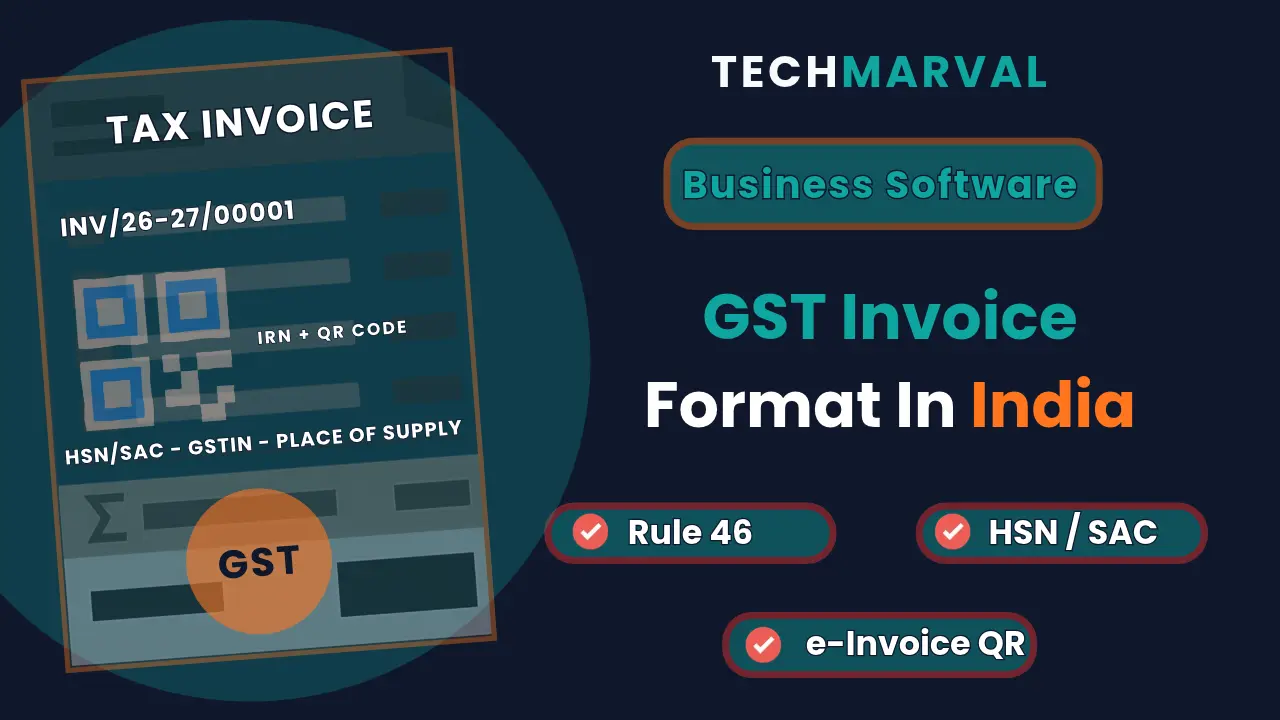 Tax invoice sheet with GST stamp and QR code for GST invoice format in India, Rule 46, HSN and e-invoice