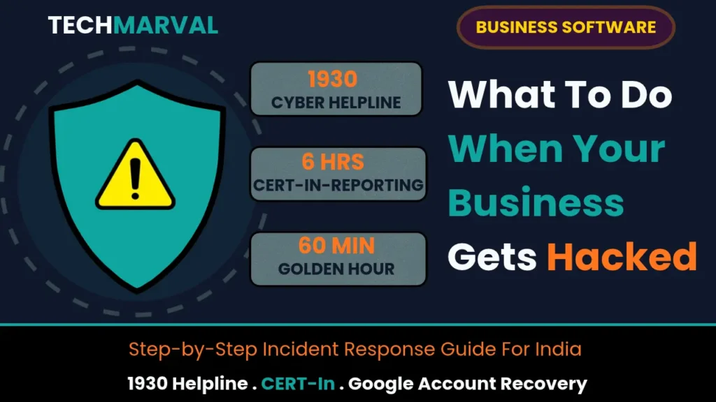 Shield with alert icon showing 1930 helpline, 6 hour CERT-In reporting and golden hour for a hacked business in India